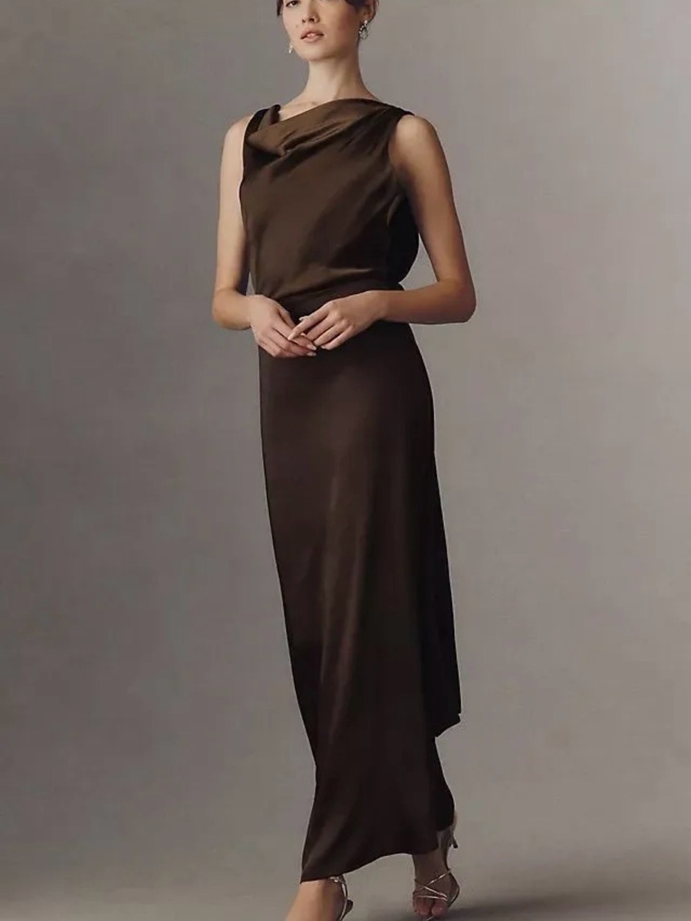 Elliatt One-Shoulder Satin Cowl Maxi Dress in Dark Brown